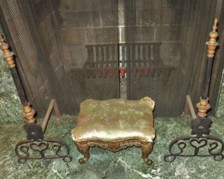 Antique pair of Wrought Iron & Brass Andirons w/ a late-19th. C. Cast Iron Footstool