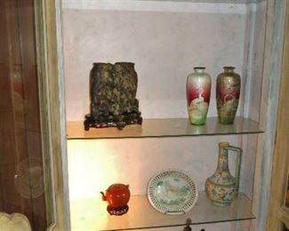 Antique Soapstone Scholar; Antique Soapstone Double-Vase; Pair of Japanese Cloisonne Vases; Chinese Swirl Vase w/ Lid; (Staking pots SOLD)