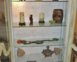 Top Row all SOLD; 2nd. Row, jade bowl SOLD; Bottom Shelf, teak/marble Stand SOLD)