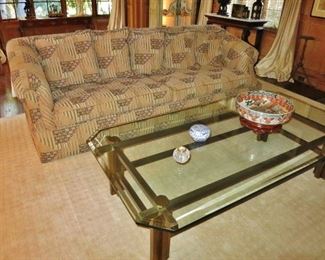 Pair of Custom Designer Sofas with Fabric by Kneedler -Fauchere; Large Heavy Beveled Glass Table on a Brass Base is SOLD!