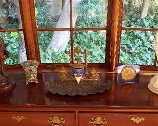 Antique Bronze Nymph; Italian Marble Nude; 19th. C. Gilt Inkwell; Melifiori Vase and a small Deco Cobalt Mirror Desk Clock