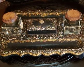 19th. C. Paper Mache & Mother-of-Pearl Inkwell