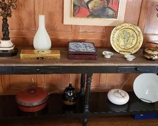 Long Oak Console Table is SOLD; Pair of Antique French Gilt Candelabra, wired; Vintage Gold-Lacquer Remote Control / Glove Box; Gold-Decorated Glass Charger by C. Jonas