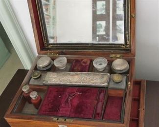 19th. C. Travel Vanity w/ Sterling Lids & Hidden Drawer