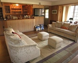 Two Similar Sofas in Kneedler-Fouchere Fabric; Pair of Silk Ottomans; Contemp Rug