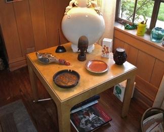 Burled parsons Table; Large Blanc de Chine Dragon Lamp w/ Sascha Brasstoff & Royal Copenhagen Ashtrays