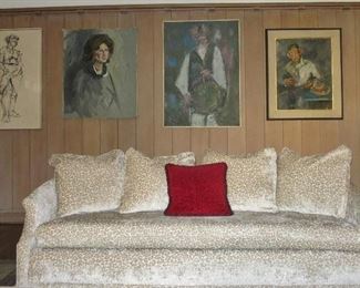 Kneedler-Fouchere upholstered Sofa w/ Orig. Mid-Century Paintings (left drawing SOLD)