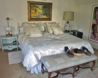 Two Orthopedic Electric Twin Beds w/ Hollywood Regency Powder-Blue King-Size Headboard & 2 Nightstands