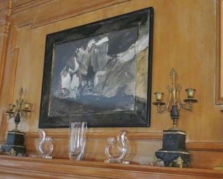 Pair of Late-19th. C. Gilt Garnitures; Pair of Vintage Brass Candlesticks; Pair of Deco Glass Candelsticks; Original Abstract Painting by Barbara Bowman