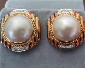 14 k Gold Mabe Pearl Ear Clips with Diamonds