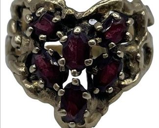 Vintage 14k Gold Brutalist Ring with 6 Garnet Stones