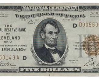 U.S. Series 1929 Cleveland Reserve 5 Dollar National Currency Note