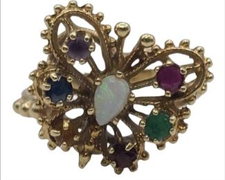 Vintage 14k Gold Butterfly Ring with Stones