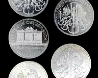 5 Austrian Philharmonic 1 Oz. Silver Bullion Coins - Dated 2013