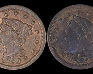 Two U.S. Coronet Head Large Cents - 1852 & 1853