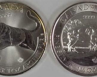 Two Canada .9999 Fine Silver Bullion Coins - 2.25 Oz. Total