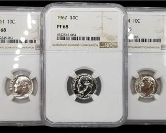 Three U.S. Silver Roosevelt Dimes Graded NGC PF68