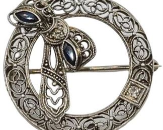 Edwardian 14k White Gold Brooch with Small Diamonds & Blue Topaz