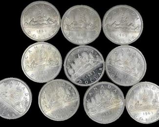 Ten 1963 Canada .800 Silver Dollars