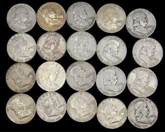 20 Circulated U.S. Franklin Silver Half Dollars