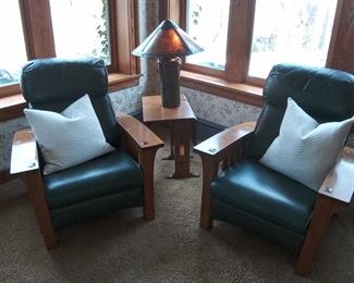 Stickley recliners & mission style drop leaf table with reproduction lamp by The Arts & Clay Co. & Copper Works