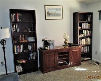 VERY TALL BOOKCASES  PR $75 CENTER CHEST $65 FLOOR LAMP $30  BRASS LAMP $