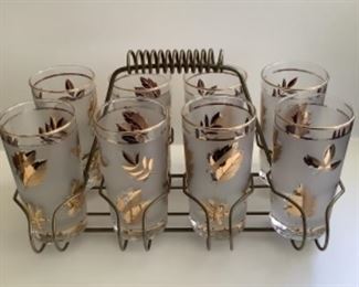 Mid century gold leaf glassware set in caddy