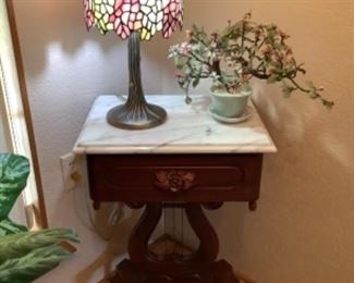 Marble top / harp table with Tiffany style lamp