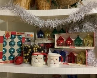 Shiny brites, vintage Santa mugs