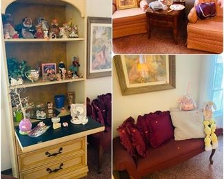 VINTAGE DROP LEAF DESK , BENCH, CHAIRS, LAMP TABLE, PRINTS, ETC.,