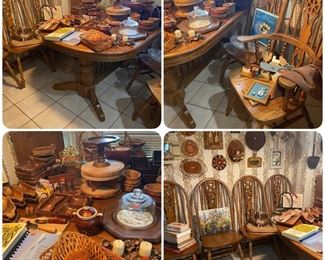OAK TABLE & MATCHING CHAIRS. COLLECTION OF BASKETS