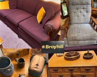 BROYHILL SOFA, BROYHILL COFFEE TABLE, POTTERY, ETC.,
