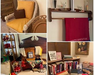 WICKER CHAIRS & MORE MISC., WICKER THROUGH THE HOUSE, TOYS, BOOKS, QUILT OR BANKET HANGING RACK, OLD TROPHY COLLECTION & MORE COLLECTIBLES, ETC.,