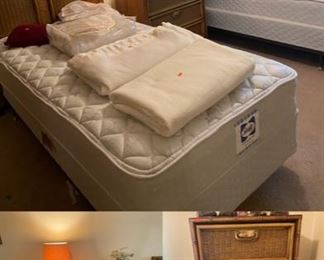 TWIN BEDS WITH MATTRESSE & BOXSPRINGS. DRESSERS, LAMPS, PRINTS, ETC.,