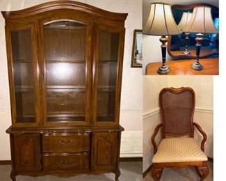 CHINA CAB, SIDE CHAIR, VERY NICE LAMPS.