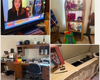NICE DESK, STEREO, 45" TV, COLLECTIBLE TOYS, ETC.,