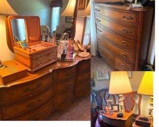 MASTER BDRM SET...DRESSERS, BEDSIDE TABLES, LAMPS, LOVELY OAK JEWELRY BOX
