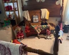 QUEEN BED, VINTAGE TRUNK, SUITCASE, TOYS, ETC.,