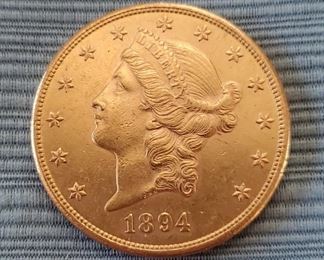 US Double Eagle gold coins and many other early US silver coins, Canadian Maple Leaf gold coins, and  tubes of 25 silver American Prospector rounds. 