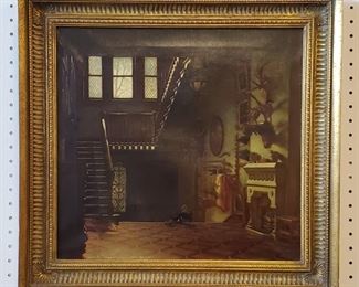 19th century oil on canvas painting of the dark interior of a mansion home with hunting trophies on the walls and a young boy seated on the stairs, untitled, by listed artist Julius Ehrke (England, 1837-1890). Julius Ehrke was known for painting genteel interior scenes and figures. The painting measures 16 ¾" x 17 ¾" in a style appropriate mid to late 20th century 21" x 21 ½" frame, and and dates to the late 19th century, bearing the 1883-1884 version of the Winsor & Newton manufacturers stamp on the canvas en verso.  