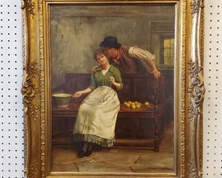 24" x 18". Very fine late 19th/early 20th century oil on canvas genre painting of a young man kissing a young woman seated on a bench with pail, entitled "A Mean Advantage", by George Goodwin Kilburne I (England 1839-1924). The artist was known for genteel Victorian/Edwardian era genre painting. The painting measures 24" x 18" in a style appropriate mid to late 20th century frame, and dates to the late 19th/early 20th century.   