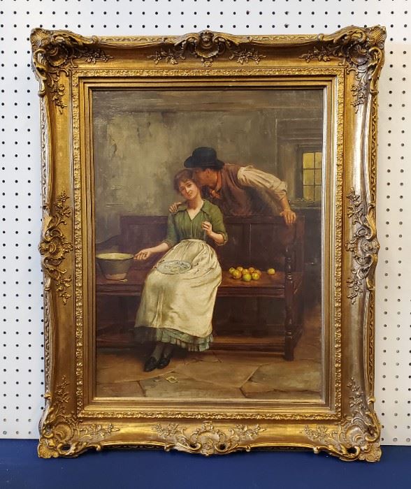 24" x 18". Very fine late 19th/early 20th century oil on canvas genre painting of a young man kissing a young woman seated on a bench with pail, entitled "A Mean Advantage", by George Goodwin Kilburne I (England 1839-1924). The artist was known for genteel Victorian/Edwardian era genre painting. The painting measures 24" x 18" in a style appropriate mid to late 20th century frame, and dates to the late 19th/early 20th century.   