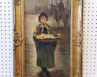 Early 20th century oil on canvas painting of a young girl selling flowers, probably in London, untitled, unsigned, inscribed "To dear Harold from Mother Feb 1916" en verso on the frame, described as "The Flower Girl-Manner of Mulready" in the will of a prior owner. The painting is unsigned, but in the style of Augustus  Edwin Mulready (England, 1844-1905), who specialized in realistic street scenes of street urchins and vendors. The painting measures 24" x 12" in a damaged style appropriate mid to late 20th century frame, and dates to the 1900-1914 period according to the address given for Kemp & Company in the manufacturers stamp on the canvas en verso and the inscription.       