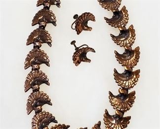 Vintage REBAJES Birds Copper Necklace & Earrings Set