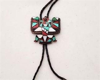 Zuni inlaid Knifewing Kachina bolo tie.