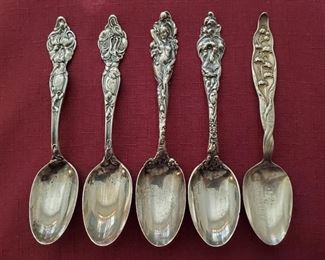 Five 1890s Ornate Sterling Silver Spoons