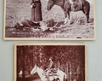 1890s Photos Woman Hunter Englishman & Donkey. Includes:
1) Photograph by famous Lay, Colorado wildlife photographer Allen Grant "AG" Wallihan (1859-1935) of his wife, Augusta Wallihan with two deer that she killed with one shot. Wallihan was a good friend of Theodore Roosevelt. Written on the photograph is "Killed at one chot by Mrs. AG Wallihan, Lay Colorado, 130 yds" and "Story goes that Mrs. Wallihan wouldn't allow her picture taken until she put on her Sunday best clothes". 4" x 6 1.2"
2) Photograph of an Englishman hunter on a donkey 4" x 5"