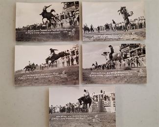 1936 Rodeo Photo Postcards Cheyenne Frontier Days. All taken of cowboys in action by Out West Photo of Denver, Colorado. All have undivided backs and have not been written on. All riders and their mounts are identified.