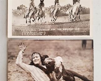 RARE 1921 Rodeo Photo Postcards COWGIRLS. Cowgirls in action by famous rodeo photographer Ralph Russell Doubleday. Both have undivided backs and have not been written on. Includes "Cowgirls Heading for the Roundup" standing in the saddle, and "Fox Hastings Bulldogging".