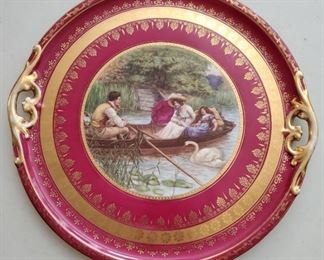 Beautiful 13" Royal Vienna style Czech porcelain tray with the impressed 1867-1888 mark of Haas & Czjzek in Schlaggenwald and blue beehive mark. 
